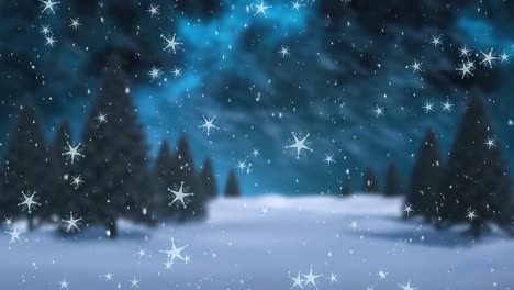 Animación-De-Nieve-Cayendo-Sobre-Un-Paisaje-Invernal-Con-Abetos