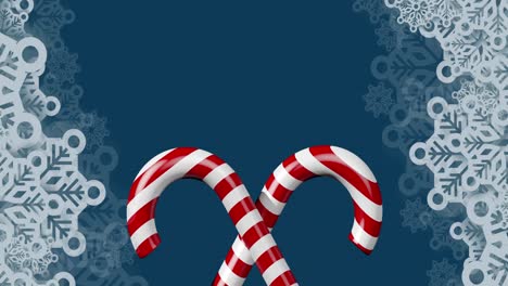 Animation-Von-Weihnachtssüßigkeiten-Und-Schneeflocken-Auf-Marineblauem-Hintergrund