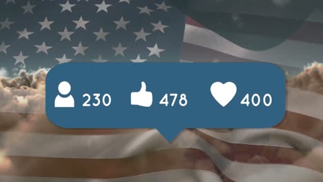 Animation-Von-Social-Media-Symbolen-Mit-Zahlen-Auf-Einer-Sprechblase-über-Der-Flagge-Der-USA