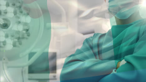 Animación-De-La-Bandera-De-Nigeria-Ondeando-Sobre-Los-Cirujanos-En-El-Quirófano.