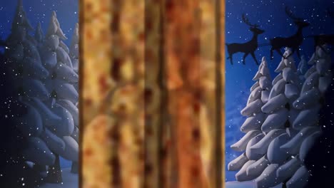 Animation-Von-Schnee,-Der-über-Den-Weihnachtsmann-Im-Schlitten-Fällt,-Mit-Rentieren-Und-Mond,-Der-Durch-Das-Fenster-Gesehen-Wird