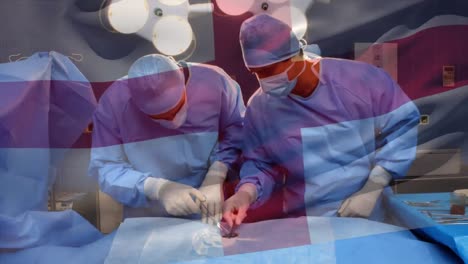 Animation-of-flag-of-england-waving-over-surgeons-in-operating-theatre