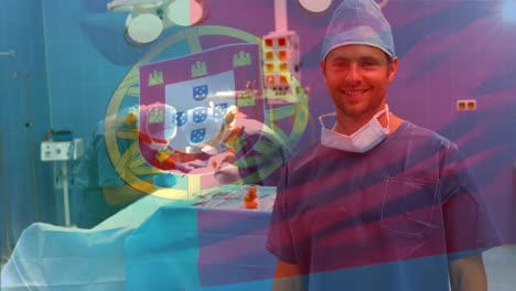 Animation-Der-Flagge-Portugals,-Die-über-Chirurgen-Im-Operationssaal-Weht