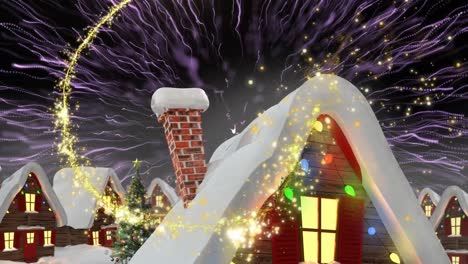 Animation-of-shooting-star-and-fireworks-over-christmas-houses