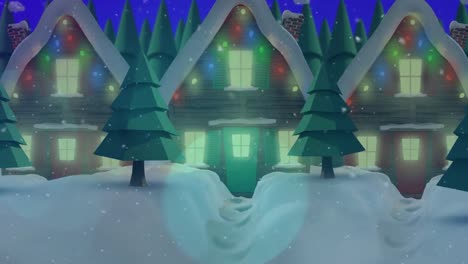 Animation-Einer-Sternschnuppe-über-Weihnachtshäusern-Und-Winterlandschaft