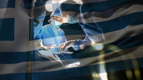 Animation-of-flag-of-greece-waving-over-surgeons-in-operating-theatre