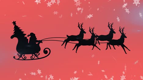 Animation-of-santa-claus-in-sleigh-with-reindeer-over-snow-falling-on-red-background