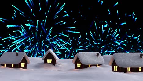 Animation-of-fireworks-and-houses-over-winter-landscape