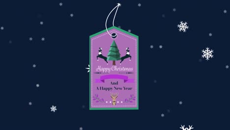 Animation-Von-Weihnachtsgrüßen-Auf-Einem-Anhänger-über-Schnee,-Der-Auf-Marineblauem-Hintergrund-Fällt