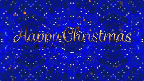 Animation-of-happy-christmas-over-golden-dots-snow-on-blue-background