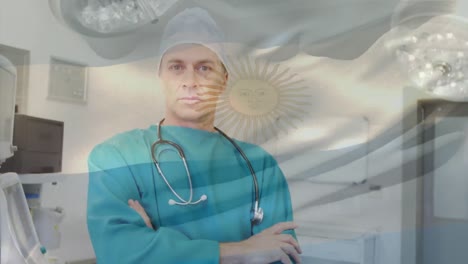 Animation-of-flag-of-argentina-waving-over-surgeons-in-operating-theatre