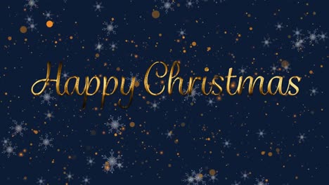 Animation-of-happy-christmas-over-golden-dots-snow-on-navy-background
