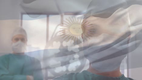 Animación-De-La-Bandera-De-Argentina-Ondeando-Sobre-Cirujanos-En-Quirófano