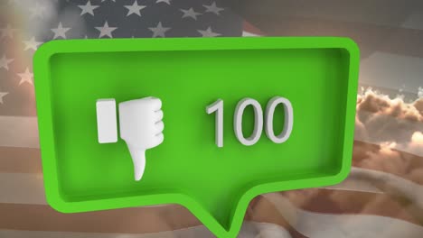 Animation-of-speech-bubble-with-numbers-and-unlike-icon-over-clouds-and-flag-of-usa