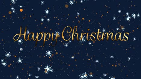 Animation-of-happy-christmas-and-snow-falling-over-navy-background