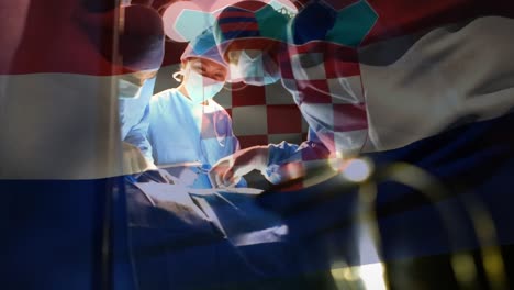 Animation-of-flag-of-croatia-waving-over-surgeons-in-operating-theatre
