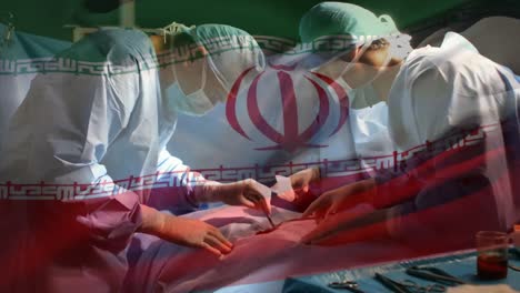 Animación-De-La-Bandera-De-Irán-Ondeando-Sobre-Los-Cirujanos-En-El-Quirófano.
