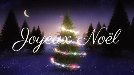 Animation-of-joyeux-noel-text-over-christmas-tree-and-snow-falling-over-winter-scenery