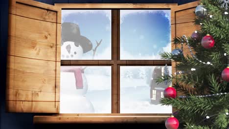 Animation-of-winter-christmas-scene-with-house-and-snowman-seen-through-window