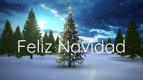Animation-of-feliz-navidad-text-over-christmas-tree-and-snow-falling-in-winter-scenery