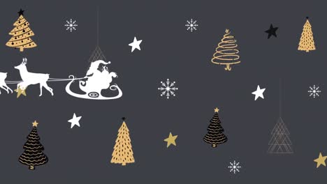 Animación-De-Santa-Claus-En-Trineo-Con-Renos-Sobre-Estrellas-Y-Textura-De-árbol-De-Navidad