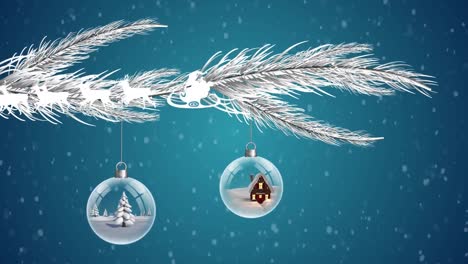 Animation-Des-Weihnachtsmanns-Im-Schlitten-Mit-Rentieren-über-Schnee-Und-Kugeln-Auf-Marineblauem-Hintergrund