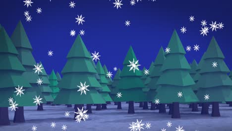 Animation-of-snow-falling-over-fir-trees-and-winter-landscape