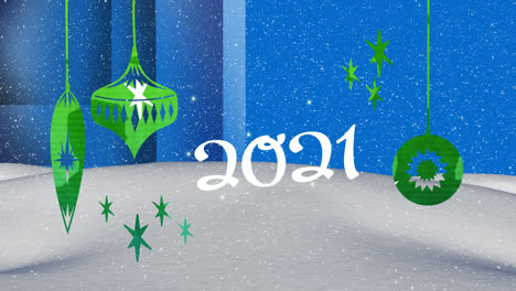 Animación-De-2021,-Adornos-Y-Nieve-Que-Cae-Sobre-Fondo-Azul
