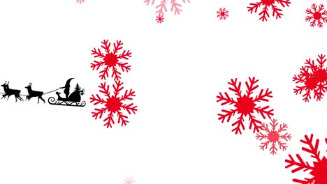 Animation-of-santa-claus-in-sleigh-with-reindeer-over-snowflakes-on-white-background