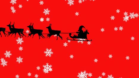 Animation-Des-Weihnachtsmanns-Im-Schlitten-Mit-Rentieren-über-Schneeflocken-Auf-Rotem-Hintergrund