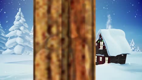 Animation-Einer-Winterlichen-Weihnachtsszene-Mit-Einem-Haus,-Das-Durch-Das-Fenster-Gesehen-Wird