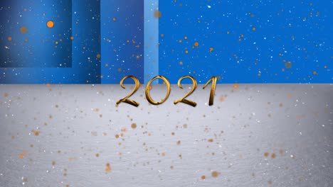 Animation-of-2021-and-golden-dots-on-blue-background