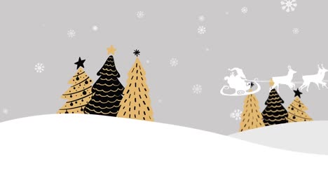 Animation-of-santa-claus-in-sleigh-with-reindeer-over-fir-trees-on-grey-background