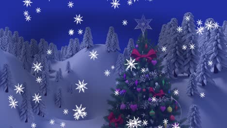 Animation-Von-Weihnachtsbaum-Und-Schnee,-Der-über-Die-Winterlandschaft-Fällt