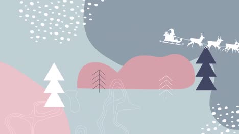 Animation-of-santa-claus-in-sleigh-with-reindeer-over-vector-winter-landscape