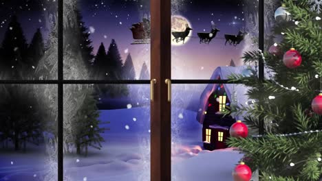 Animation-of-winter-christmas-scene-with-house-and-santa-sleigh-seen-through-window