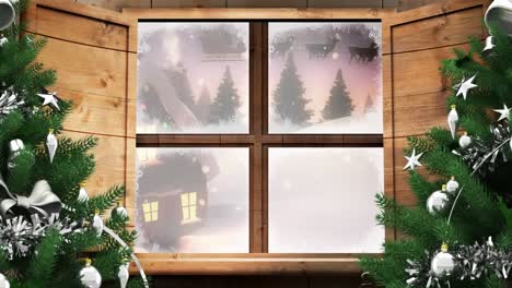 Animation-Einer-Winterlichen-Weihnachtsszene-Mit-Einem-Haus,-Das-Durch-Das-Fenster-Gesehen-Wird