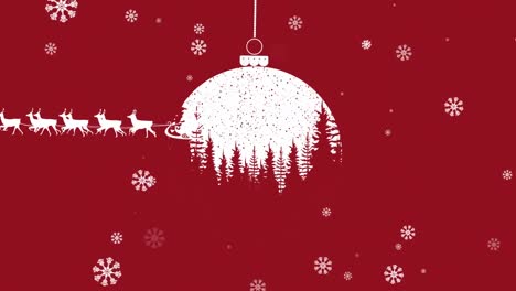 Animation-of-santa-claus-in-sleigh-with-reindeer-over-bauble-and-falling-snow-on-red-background