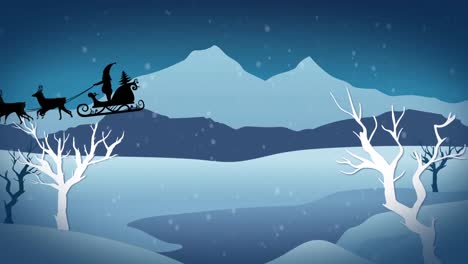 Animación-De-Santa-Claus-En-Trineo-Con-Renos-Sobre-Nieve-Cayendo-Y-Paisaje-Invernal