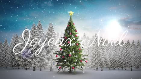 Animación-Del-Texto-Joyeux-Noel-Sobre-El-árbol-De-Navidad-Y-La-Nieve-Cayendo-Sobre-El-Paisaje-Invernal