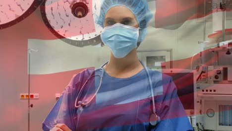Animation-of-flag-of-switzerland-waving-over-surgeon-in-operating-theatre