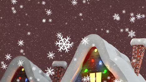 Animation-Von-Schnee,-Der-über-Weihnachtlich-Geschmückte-Häuser-Mit-Lichterketten-Fällt