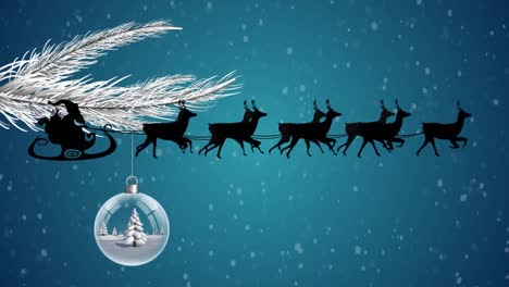 Animation-of-santa-claus-in-sleigh-with-reindeer-over-snow-and-bauble-on-navy-background