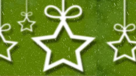 Animation-of-snow-falling-and-stars-on-green-background