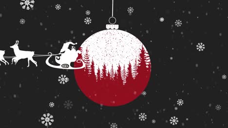 Animation-of-santa-claus-in-sleigh-with-reindeer-over-bauble-and-falling-snow-on-black-background