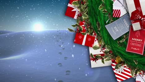 Animation-of-presents-and-snow-falling-over-winter-scenery