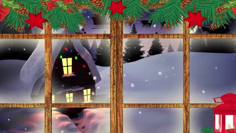 Animation-Einer-Winterweihnachtsszene-Mit-Haus-Und-Weihnachtsmannschlitten-Durch-Das-Fenster-Gesehen