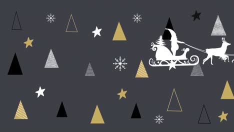 Animación-De-Santa-Claus-En-Trineo-Con-Renos-Sobre-Estrellas-Y-Textura-De-árbol-De-Navidad