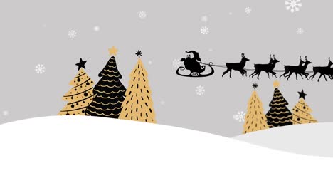 Animation-of-santa-claus-in-sleigh-with-reindeer-over-snowflakes-and-fir-trees-on-grey-background