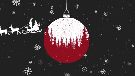 Animation-of-santa-claus-in-sleigh-with-reindeer-over-bauble-and-snow-falling-on-black-background